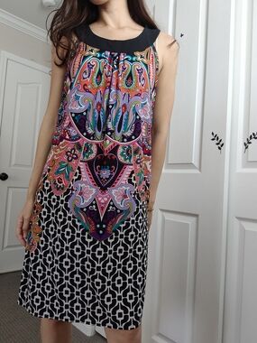 Sleeveless Multicolor Paisley & Geometric Shift Dress